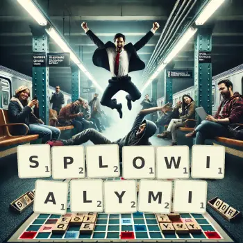 Kreatywna ilustracja do gry w Scrabble ze słowem SPLOWIALYMI ułożonym z płytek na planszy.