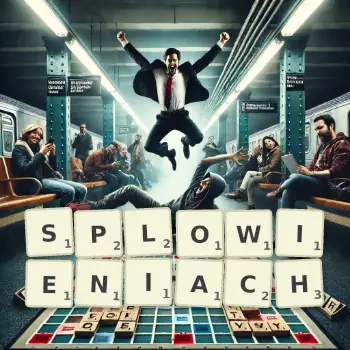 Kreatywna ilustracja do gry w Scrabble ze słowem SPLOWIENIACH ułożonym z płytek na planszy.