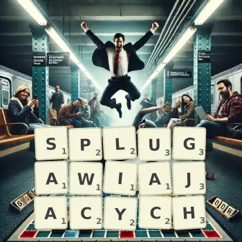 Kreatywna ilustracja do gry w Scrabble ze słowem SPLUGAWIAJACYCH ułożonym z płytek na planszy.