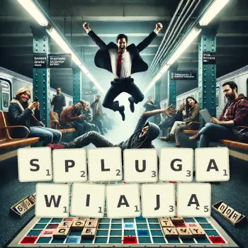 Kreatywna ilustracja do gry w Scrabble ze słowem SPLUGAWIAJĄ ułożonym z płytek na planszy.