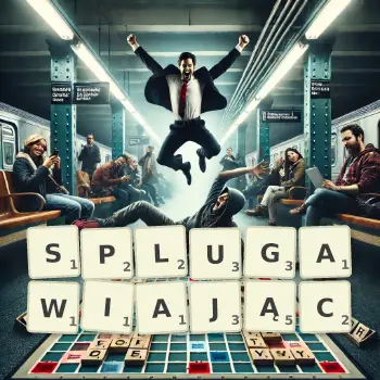 Kreatywna ilustracja do gry w Scrabble ze słowem SPLUGAWIAJĄC ułożonym z płytek na planszy.