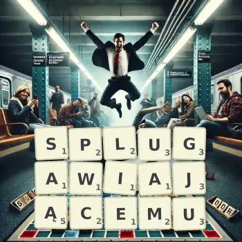 Kreatywna ilustracja do gry w Scrabble ze słowem SPLUGAWIAJĄCEMU ułożonym z płytek na planszy.