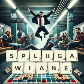 Kreatywna ilustracja do gry w Scrabble ze słowem SPLUGAWIANE ułożonym z płytek na planszy.