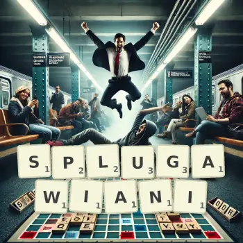 Kreatywna ilustracja do gry w Scrabble ze słowem SPLUGAWIANI ułożonym z płytek na planszy.