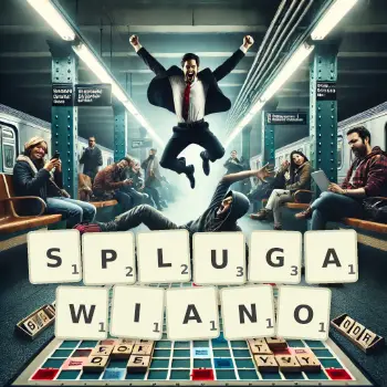 Kreatywna ilustracja do gry w Scrabble ze słowem SPLUGAWIANO ułożonym z płytek na planszy.
