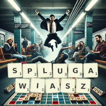Kreatywna ilustracja do gry w Scrabble ze słowem SPLUGAWIASZ ułożonym z płytek na planszy.
