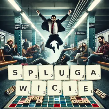 Kreatywna ilustracja do gry w Scrabble ze słowem SPLUGAWICIE ułożonym z płytek na planszy.
