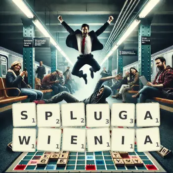 Kreatywna ilustracja do gry w Scrabble ze słowem SPLUGAWIENIA ułożonym z płytek na planszy.