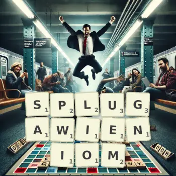 Kreatywna ilustracja do gry w Scrabble ze słowem SPLUGAWIENIOM ułożonym z płytek na planszy.