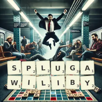 Kreatywna ilustracja do gry w Scrabble ze słowem SPLUGAWILIBY ułożonym z płytek na planszy.