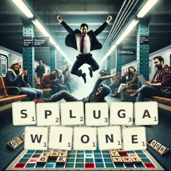Kreatywna ilustracja do gry w Scrabble ze słowem SPLUGAWIONE ułożonym z płytek na planszy.