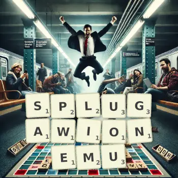 Kreatywna ilustracja do gry w Scrabble ze słowem SPLUGAWIONEMU ułożonym z płytek na planszy.