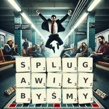 Kreatywna ilustracja do gry w Scrabble ze słowem SPLUGAWIŁYBYŚMY ułożonym z płytek na planszy.