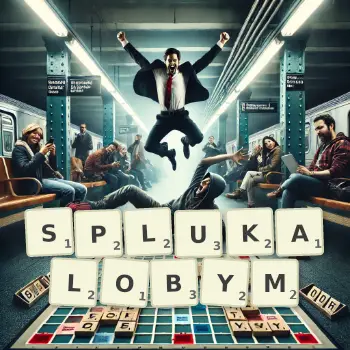 Kreatywna ilustracja do gry w Scrabble ze słowem SPLUKALOBYM ułożonym z płytek na planszy.