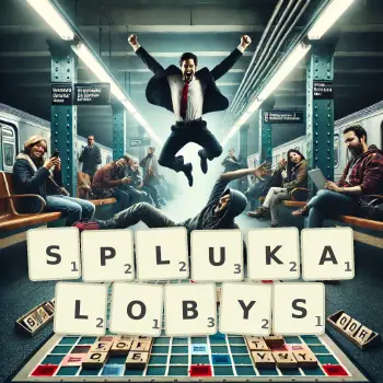 Kreatywna ilustracja do gry w Scrabble ze słowem SPLUKALOBYS ułożonym z płytek na planszy.