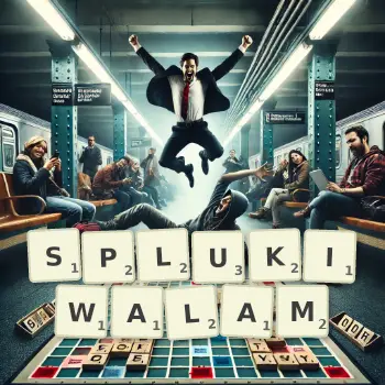 Kreatywna ilustracja do gry w Scrabble ze słowem SPLUKIWALAM ułożonym z płytek na planszy.