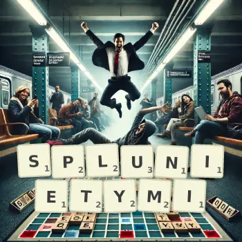 Kreatywna ilustracja do gry w Scrabble ze słowem SPLUNIETYMI ułożonym z płytek na planszy.