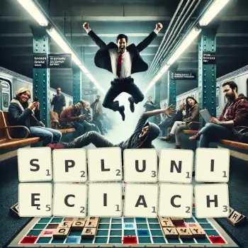 Kreatywna ilustracja do gry w Scrabble ze słowem SPLUNIĘCIACH ułożonym z płytek na planszy.