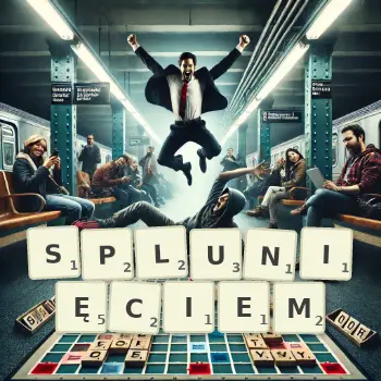 Kreatywna ilustracja do gry w Scrabble ze słowem SPLUNIĘCIEM ułożonym z płytek na planszy.