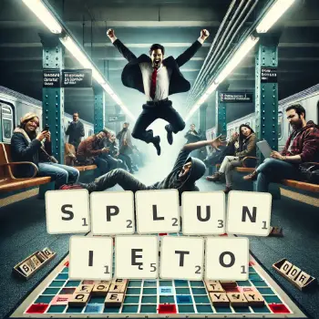 Kreatywna ilustracja do gry w Scrabble ze słowem SPLUNIĘTO ułożonym z płytek na planszy.