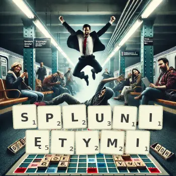 Kreatywna ilustracja do gry w Scrabble ze słowem SPLUNIĘTYMI ułożonym z płytek na planszy.