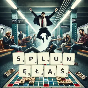 Kreatywna ilustracja do gry w Scrabble ze słowem SPLUNĘŁAŚ ułożonym z płytek na planszy.
