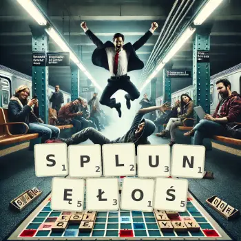 Kreatywna ilustracja do gry w Scrabble ze słowem SPLUNĘŁOŚ ułożonym z płytek na planszy.