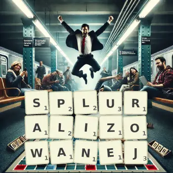 Kreatywna ilustracja do gry w Scrabble ze słowem SPLURALIZOWANEJ ułożonym z płytek na planszy.