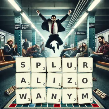 Kreatywna ilustracja do gry w Scrabble ze słowem SPLURALIZOWANYM ułożonym z płytek na planszy.