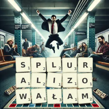 Kreatywna ilustracja do gry w Scrabble ze słowem SPLURALIZOWAŁAM ułożonym z płytek na planszy.