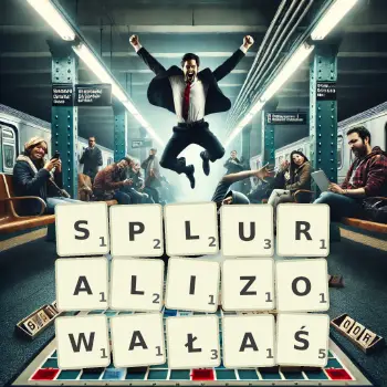 Kreatywna ilustracja do gry w Scrabble ze słowem SPLURALIZOWAŁAŚ ułożonym z płytek na planszy.