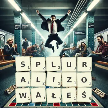Kreatywna ilustracja do gry w Scrabble ze słowem SPLURALIZOWAŁEŚ ułożonym z płytek na planszy.