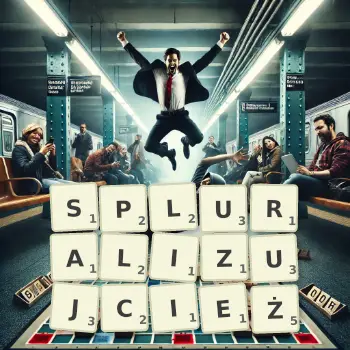 Kreatywna ilustracja do gry w Scrabble ze słowem SPLURALIZUJCIEŻ ułożonym z płytek na planszy.
