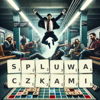 Kreatywna ilustracja do gry w Scrabble ze słowem SPLUWACZKAMI ułożonym z płytek na planszy.