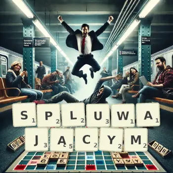 Kreatywna ilustracja do gry w Scrabble ze słowem SPLUWAJĄCYM ułożonym z płytek na planszy.