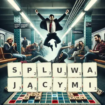 Kreatywna ilustracja do gry w Scrabble ze słowem SPLUWAJĄCYMI ułożonym z płytek na planszy.