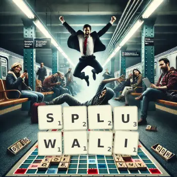 Kreatywna ilustracja do gry w Scrabble ze słowem SPLUWALI ułożonym z płytek na planszy.