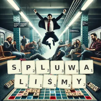 Kreatywna ilustracja do gry w Scrabble ze słowem SPLUWALIŚMY ułożonym z płytek na planszy.