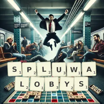Kreatywna ilustracja do gry w Scrabble ze słowem SPLUWALOBYS ułożonym z płytek na planszy.