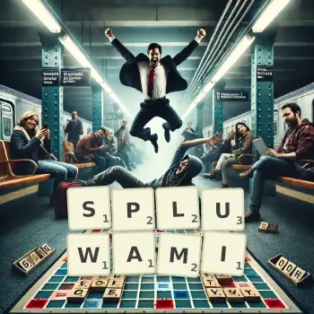 Kreatywna ilustracja do gry w Scrabble ze słowem SPLUWAMI ułożonym z płytek na planszy.