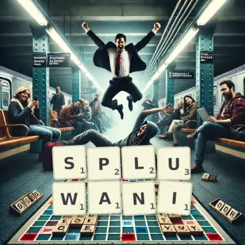 Kreatywna ilustracja do gry w Scrabble ze słowem SPLUWANI ułożonym z płytek na planszy.