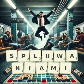 Kreatywna ilustracja do gry w Scrabble ze słowem SPLUWANIAMI ułożonym z płytek na planszy.