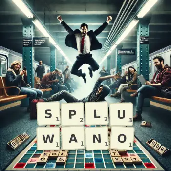 Kreatywna ilustracja do gry w Scrabble ze słowem SPLUWANO ułożonym z płytek na planszy.