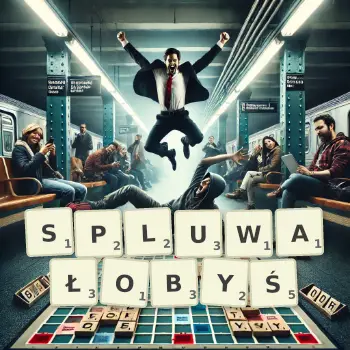 Kreatywna ilustracja do gry w Scrabble ze słowem SPLUWAŁOBYŚ ułożonym z płytek na planszy.