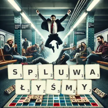 Kreatywna ilustracja do gry w Scrabble ze słowem SPLUWAŁYŚMY ułożonym z płytek na planszy.
