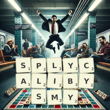 Kreatywna ilustracja do gry w Scrabble ze słowem SPLYCALIBYSMY ułożonym z płytek na planszy.