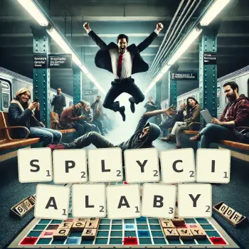 Kreatywna ilustracja do gry w Scrabble ze słowem SPLYCIALABY ułożonym z płytek na planszy.