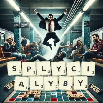 Kreatywna ilustracja do gry w Scrabble ze słowem SPLYCIALYBY ułożonym z płytek na planszy.