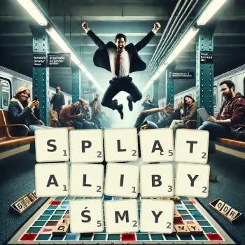 Kreatywna ilustracja do gry w Scrabble ze słowem SPLĄTALIBYŚMY ułożonym z płytek na planszy.