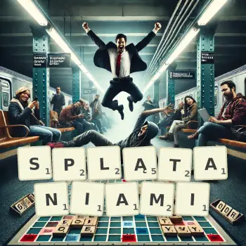 Kreatywna ilustracja do gry w Scrabble ze słowem SPLĄTANIAMI ułożonym z płytek na planszy.